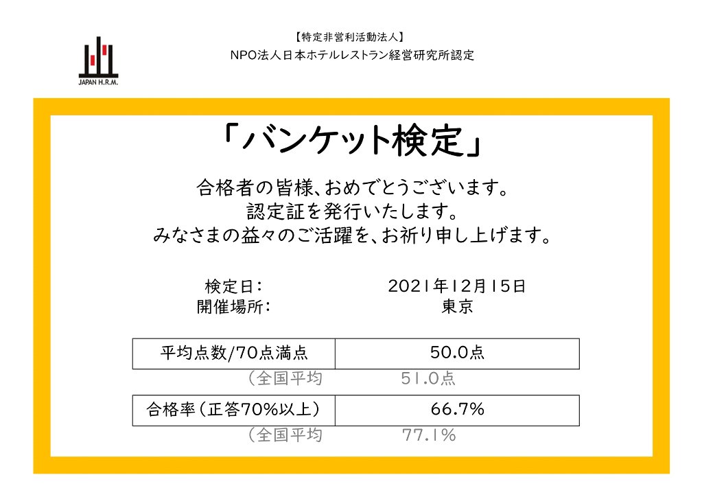 バンケット検定 NPO法人日本ホテルレストラン経営研究所