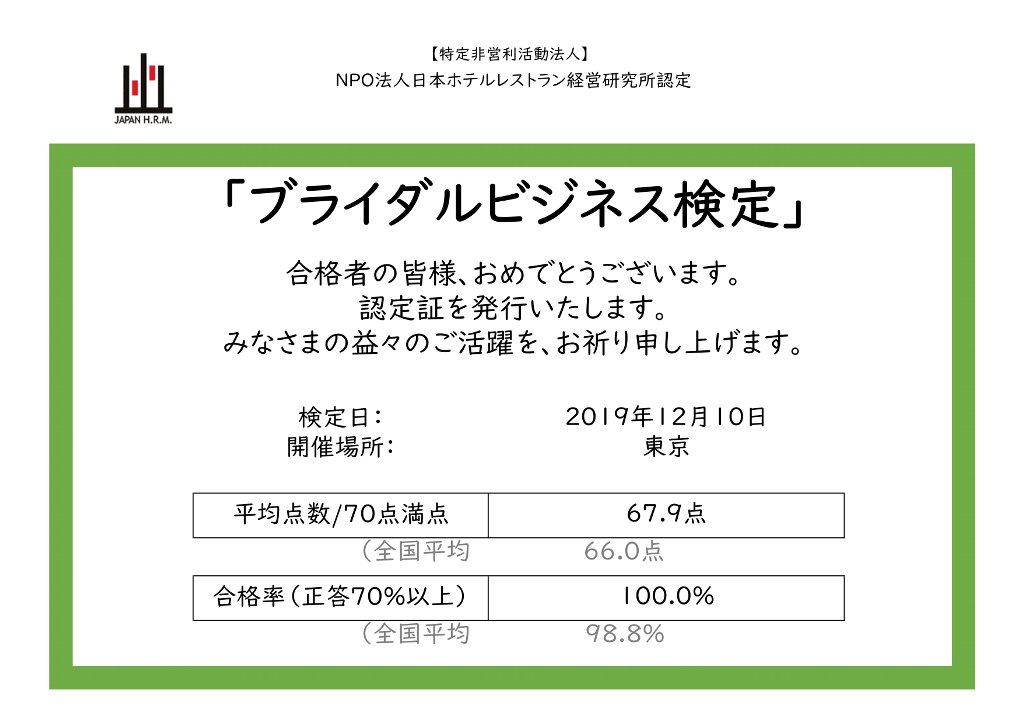ブライダルビジネス検定 NPO法人日本ホテルレストラン経営研究所
