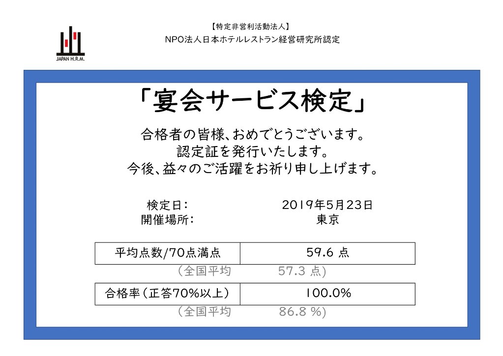 宴会サービス検定 NPO法人日本ホテルレストラン経営研究所