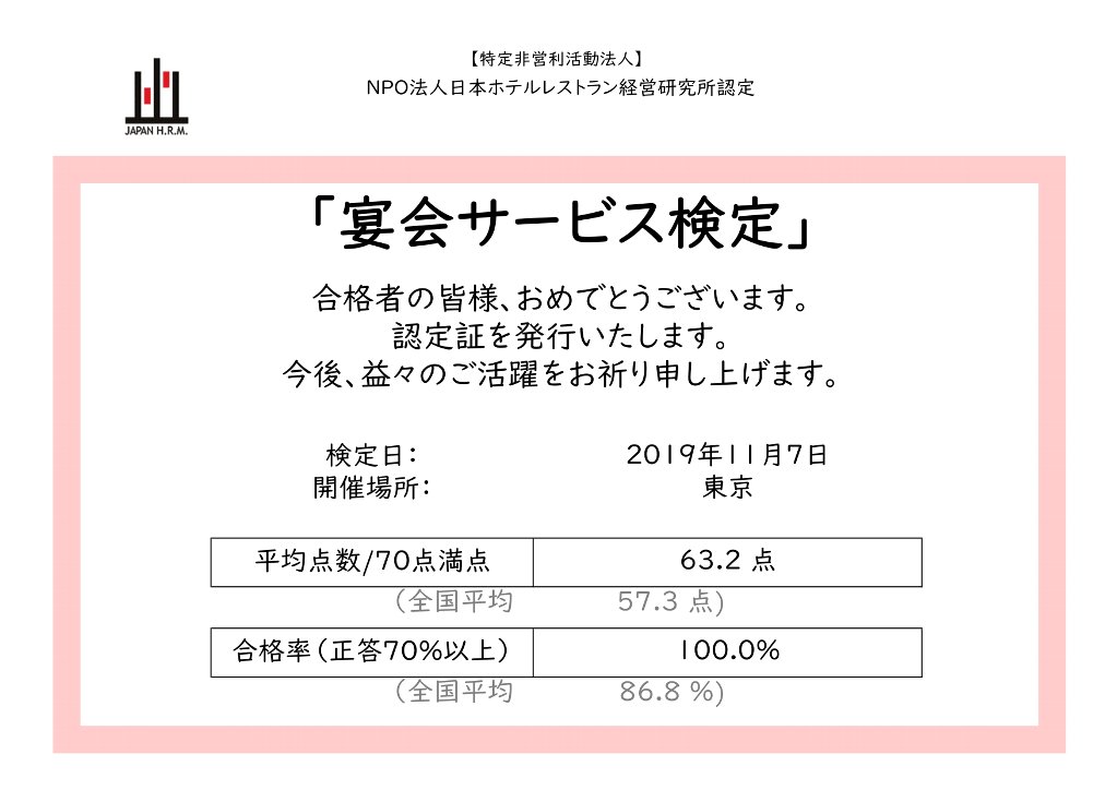 宴会サービス検定 NPO法人日本ホテルレストラン経営研究所